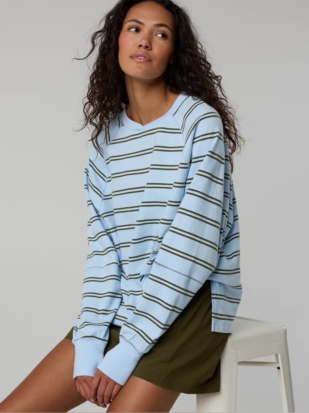OFFLINE By Aerie Women’s Pique Long Sleeve T-Shirt Blue Mist Striped Oversized L